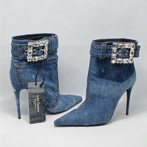 DOLCE & GABBANA Patchwork denim ankle boots with rhinestone buckle